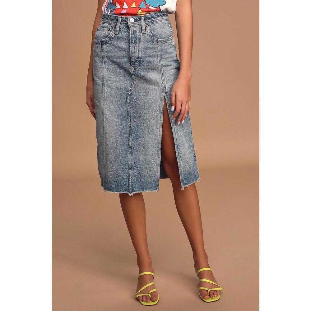 Free‎ People Mambo Denim Midi Skirt Size 28 High Side Slit Cotton Blue Y2K